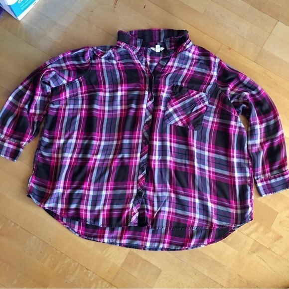 Terra & Sky Plaid Button Down Blouse, Pink, Black, Size 4X - Picture 15 of 17